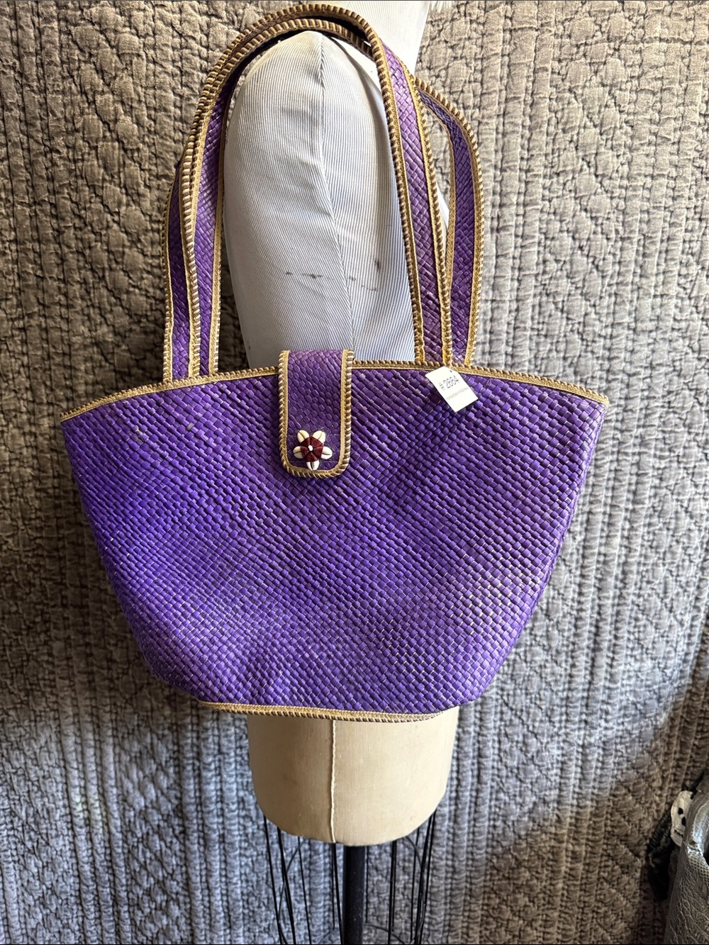 Hand Crafted Purple Woven Tote with Gold Trim and Flower Snap